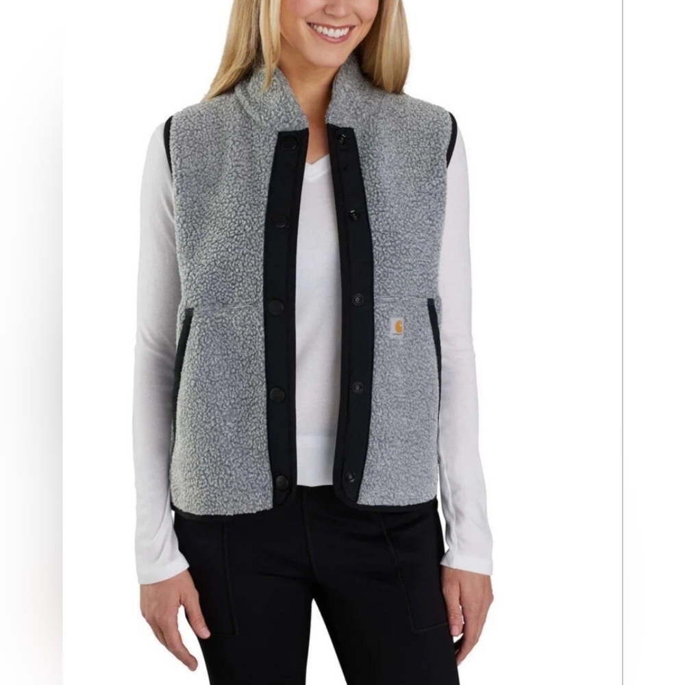 CARHARTT Gray Black Relaxed Fit Sherpa Fleece‎ Snap Mock Neck Activewear Vest M